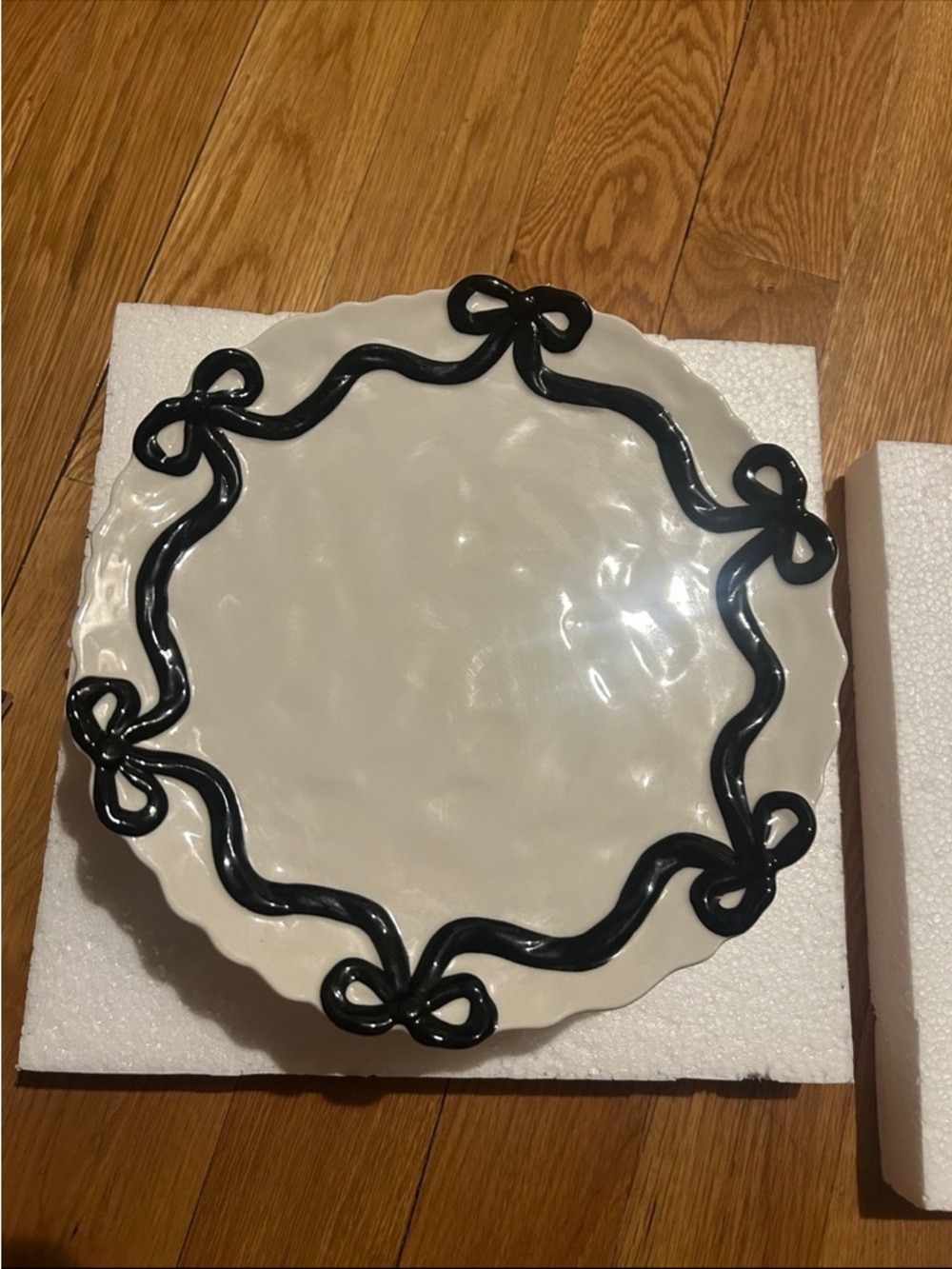 Anthropologie White Ceramic Serving Platter with Black Ribbon Trim